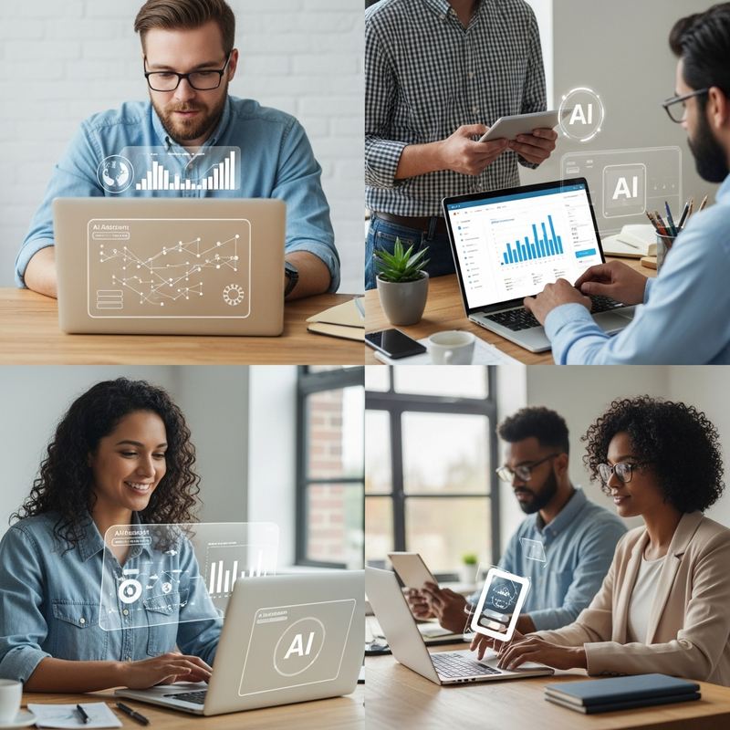 Small business owner using a laptop with AI interface to improve productivity.